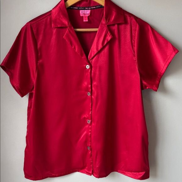 Betsey Johnson Red Satin Button Down Shirt Blouse - Picture 2 of 6